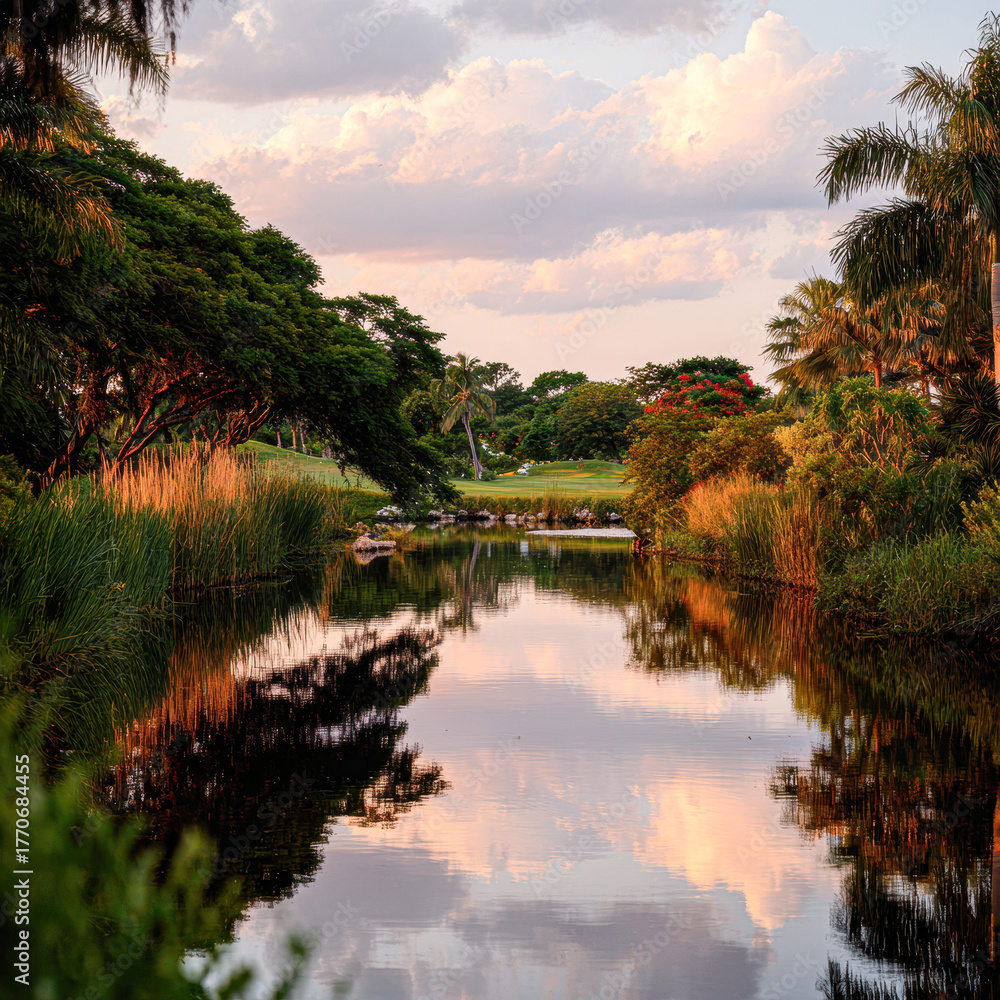 Fototapeta premium A serene river scene surrounded by lush greenery, reflecting the sky and trees, creating a peaceful natural environment.