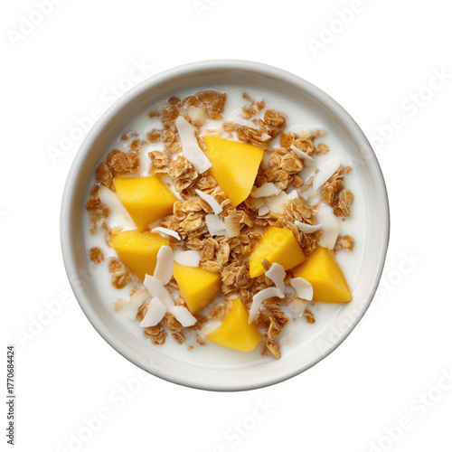 Yogurt bowl with mango, granola, coconut flakes