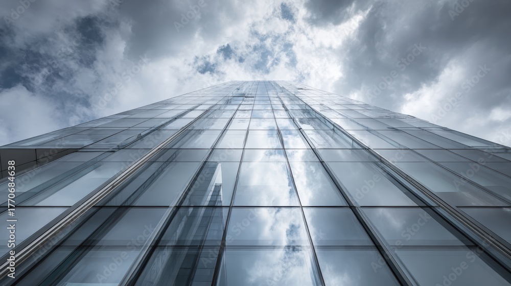 Fototapeta premium Modern skyscraper reflecting clouds and sky high angle architectural marvel