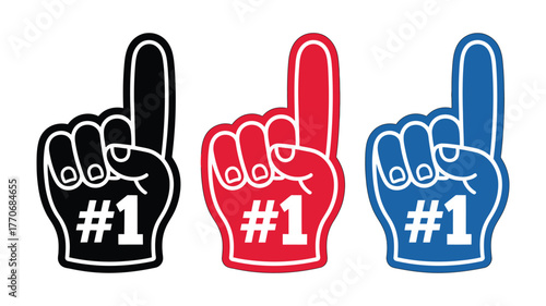 Colorful foam finger number one hand symbols in black, red, and blue design showcasing sports fan cheering accessories ideal for celebration, party decorations, and promotional materials