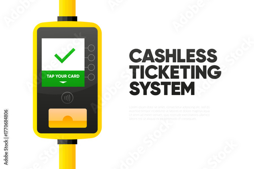 Public transport Cashless Ticketing System. Bus and metro cards. Terminal for passenger transport card. Wireless or cashless payments, nfc. Vector illustration. 