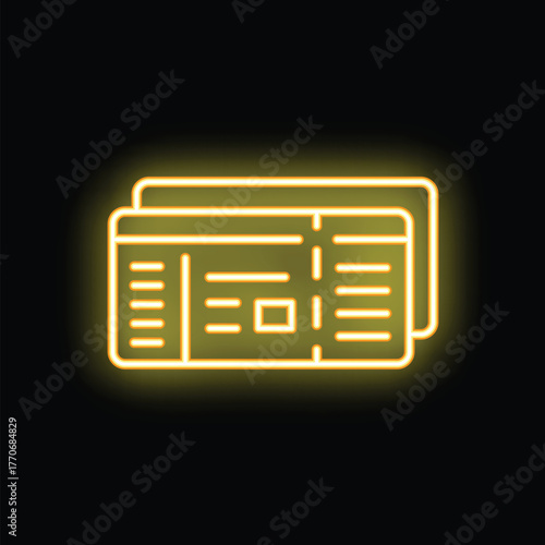 Bright yellow neon sign depicting two airline tickets, perfect for themes of travel and vacation