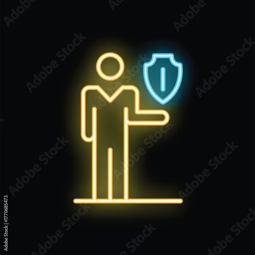 Businessman is holding a shield in this neon sign suggesting online security and privacy