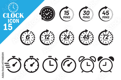 Clock and Timer Icon Set in Flat Style