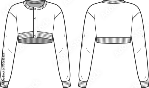 Cropped button front cardigan sweater technical flat fashion drawing with ribbed cuffs and hem template