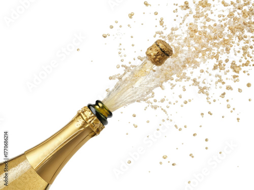 Exciting gold champagne bottle opening with popping cork and explosive spray. festive celebration on transparency background for party