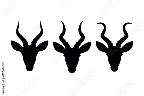 Three silhouetted antelope heads with curved horns are displayed against a white background.