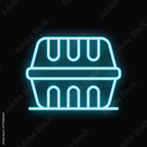 Blue neon icon of a styrofoam food container glowing on black background