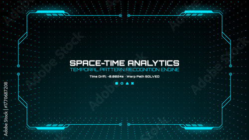 Detailed hud vector graphics with space-time analytics text on a black background for user interface design and futuristic technology concept.