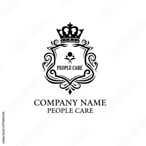 Black emblem with crown and people figures inside, isolated on white background