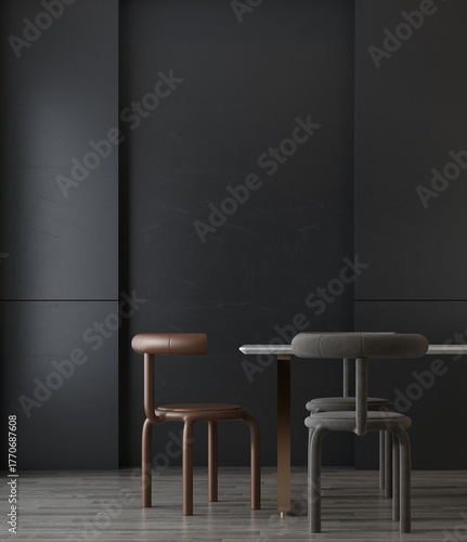 The minimal dining room and white and black pattern wall background. 3d rendering