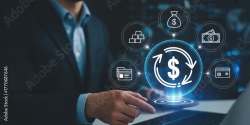 Financial Transformation: An individual navigates the digital realm of finance, interacting with an interactive display of financial icons.