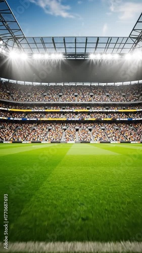 A perspective view from a tunnel looking out to a lit-up football stadium during a match