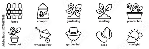 Gardening line icons set of tools, plants, seeds, and growth elements. Perfect for apps, education, farming, landscaping, and nature design projects.