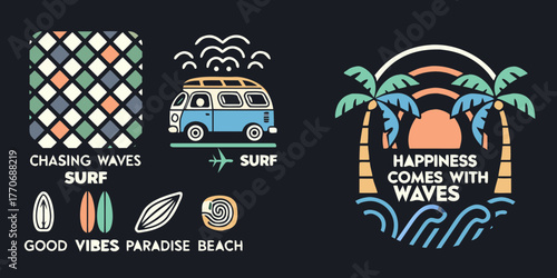 Retro surf van and palm trees with inspirational quotes for a beach lifestyle and good vibes