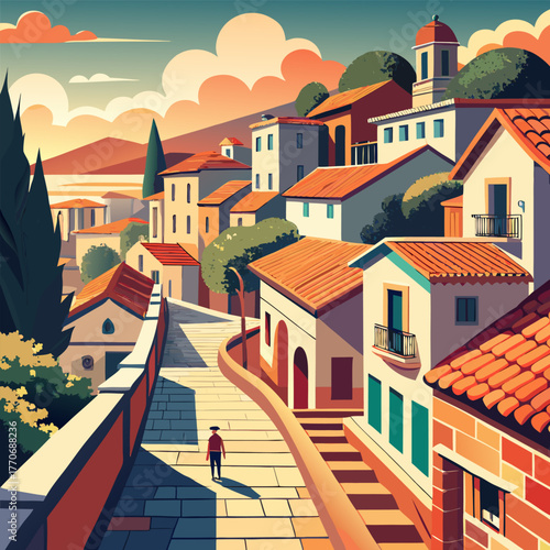 A picturesque italian village scene with a lone figure walking down the street