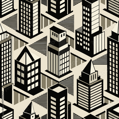 Isometric city pattern with black and white buildings on a light background