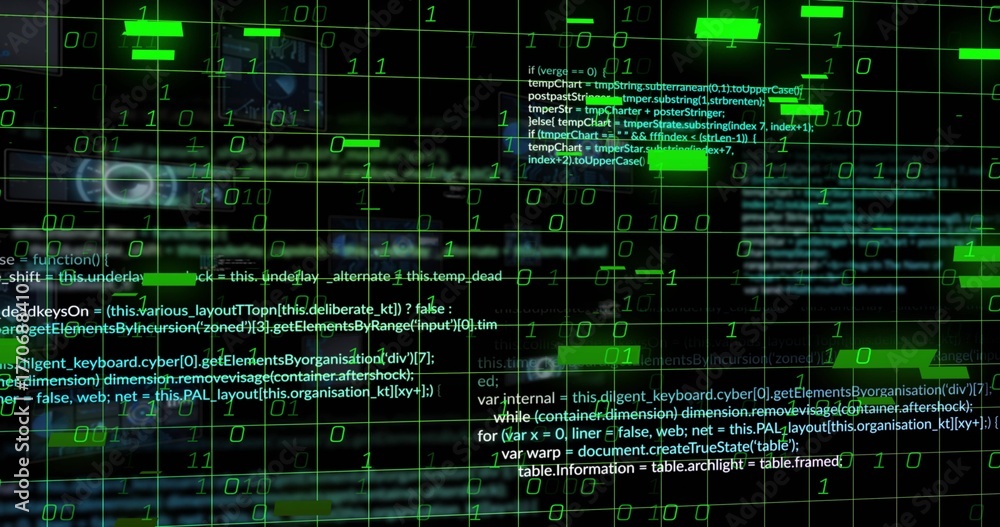 Obraz premium Streaming green binary digits across dark grid lines with white code snippets and rectangular bars