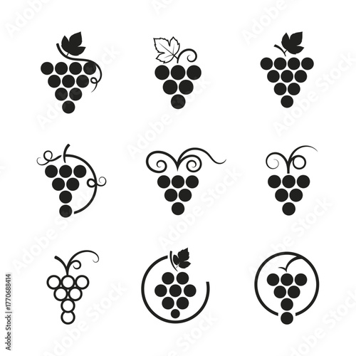Collection of nine stylized grape bunch icons, isolated on white background, representing various designs for logos and emblems