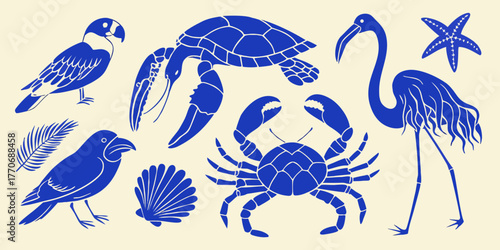 Collection of blue silhouette tropical animals and sea creatures on a cream background