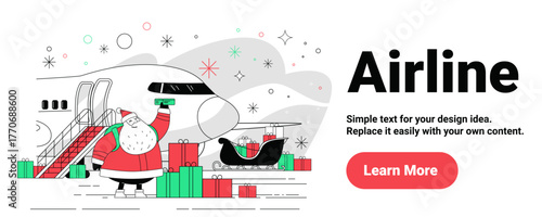 Santa airline Christmas travel concept airplane gifts sleigh festive winter scene red green decorations modern web banner