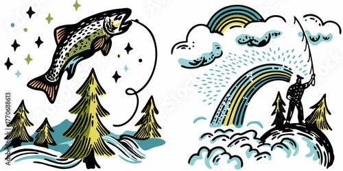 Whimsical illustration of a leaping trout and a fisherman under a rainbow in a forest setting