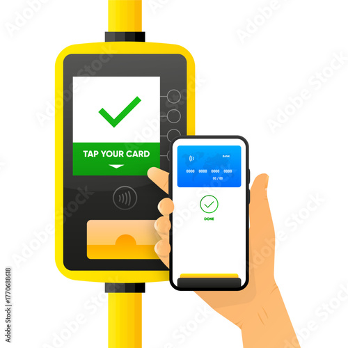 Public transport Cashless Ticketing System. Bus and metro cards. Terminal for passenger transport card. Wireless or cashless payments, nfc. Vector illustration.