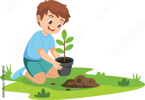 Cartoon child planting young plant, gardening activity, green grass, environmental care, nature scene, outdoor responsibility, soil, growth, eco-friendly moment
