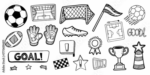 Collection of hand drawn soccer and sports icons and elements for game design and illustration