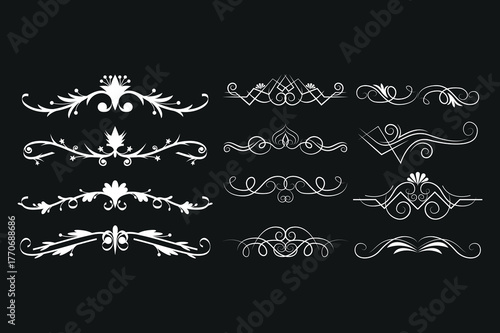 Gold text dividers doodle set. Wedding decorative elements. Divider ornament, borders, floral, vintage line separators. Hand drawn vector illustration isolated on white background. Set page dividers.