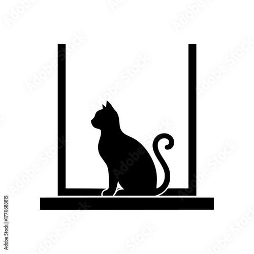 Black cat silhouette sitting on a window sill