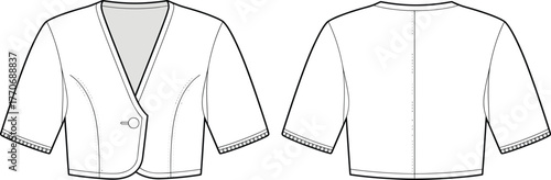 Cropped Bolero Shrug Jacket Flat Fashion Sketch Technical CAD Drawing V-Neck Single Button Vector Illustration