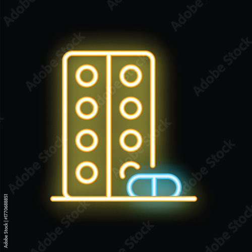 Neon glowing icon of a blister pack with pills lying nearby on a black background