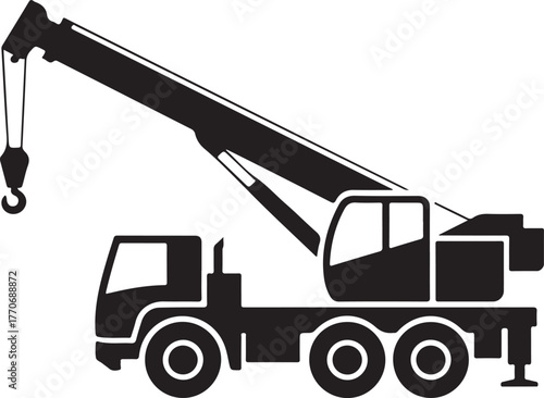 Black and white silhouette of a mobile crane with extended boom and hook construction vehicle