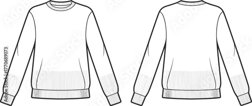 Classic Crew Neck Sweater Flat Fashion Sketch Technical CAD Drawing Long Sleeve Ribbed Hem Vector Illustration