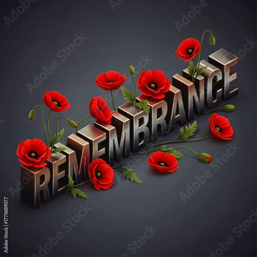 Stylized metallic text "Remembrance" adorned with vibrant red poppy flowers and green foliage against a dark gray background.