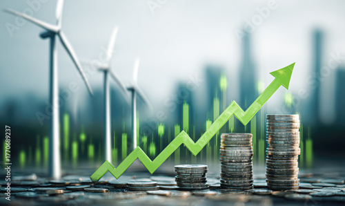 A visually striking image depicting a financial growth trend with coins and wind turbines, symbolizing the intersection of finance and renewable energy.