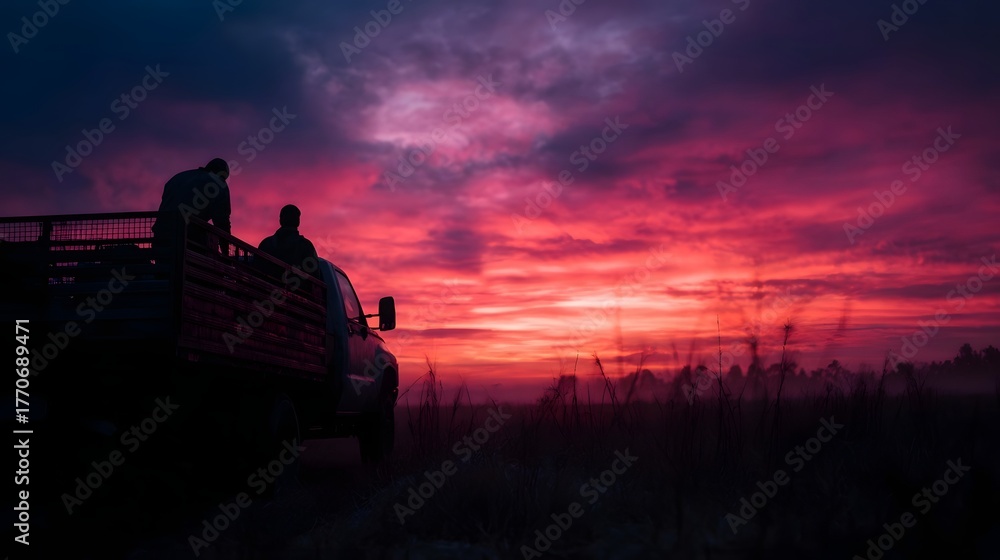 Fototapeta premium Silhouetted figures stand in a truck against a vibrant red and purple sunset sky