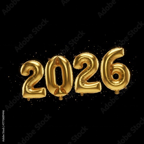 Shiny golden balloons spelling out the year 2026 on a black background with sparkling confetti