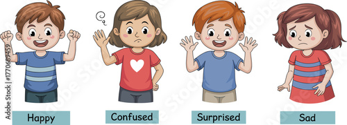 Cartoon children expressing emotions, happy, confused, surprised, sad, emotional learning, kids feelings, educational poster, mood chart, facial expressions