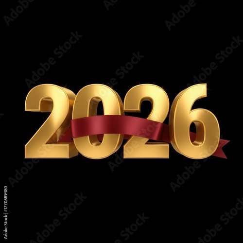 Golden 2026 numbers with a red ribbon on black background celebrating new year
