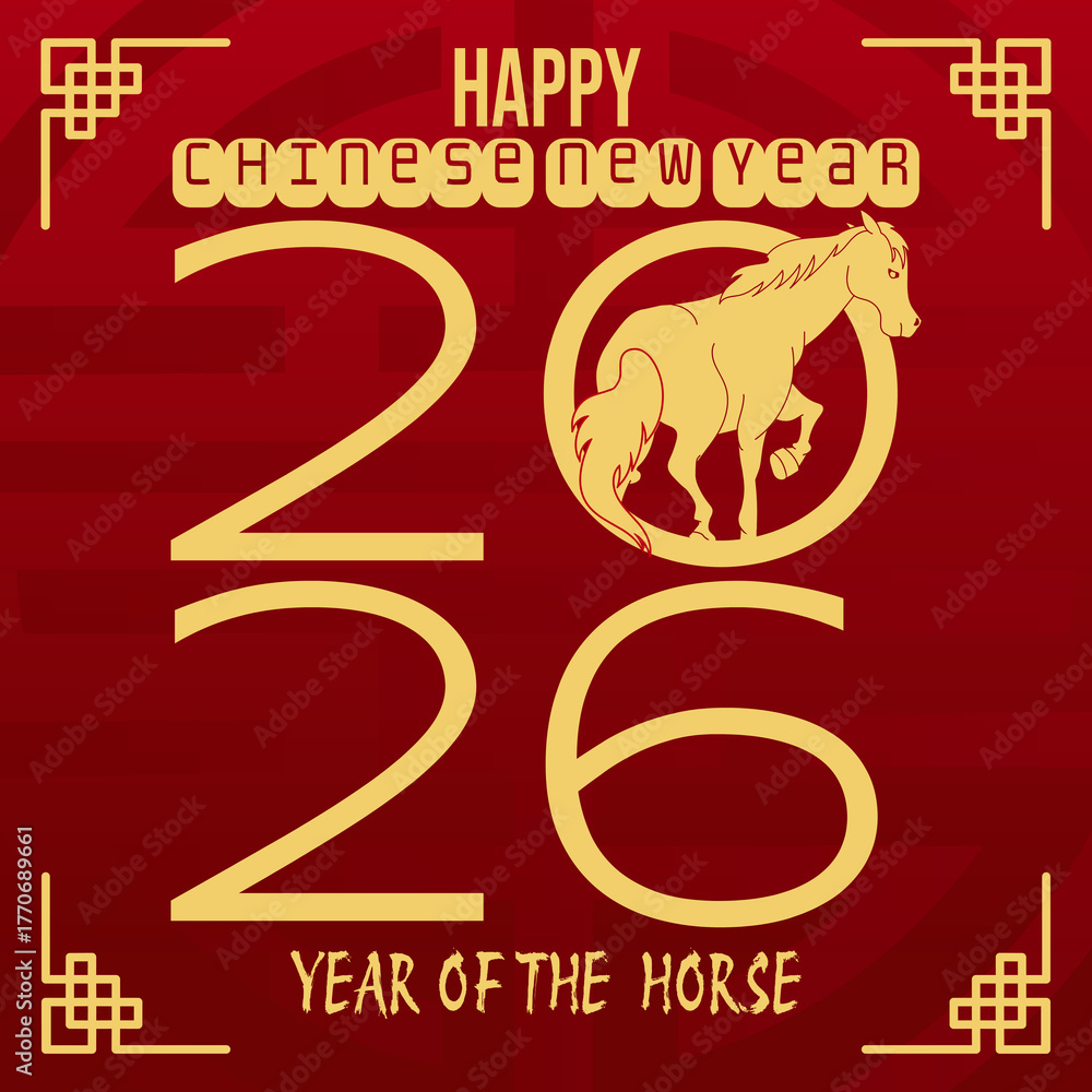 Fototapeta premium Chinese New Year 2026 greeting design in red and gold featuring large numbers, golden horse zodiac, and decorative corner patterns. Perfect for festive cards, posters, and digital celebration graphics