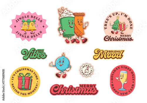 Groovy Christmas Retro Stickers Set. Cartoon Santa Claus, Gingerbread Cake, Latte, Sock, Bell and Gift Box. Vector Winter Holiday Templates. Happy New Year Personage Illustrations Collection. Isolated