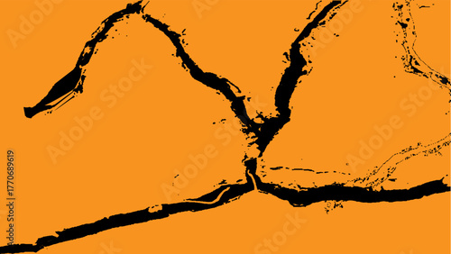 Abstract orange grunge background with yellow liquid and golden champagne bubbles. Fresh citrus juice splash on an orange grunge texture background with a vibrant paint pattern.