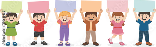 Cartoon children holding colorful signs above heads, cheerful expressions, diverse outfits, blank message boards, white background, educational theme, playful mood