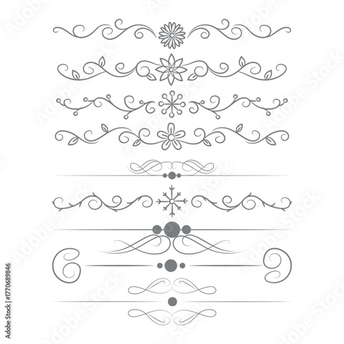 Gold text dividers doodle set. Wedding decorative elements. Divider ornament, borders, floral, vintage line separators. Hand drawn vector illustration isolated on white background. Set page dividers.