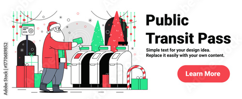 Santa Christmas public transit pass holiday scene Santa using card at ticket gates with gifts Christmas trees decorations festive background website banner