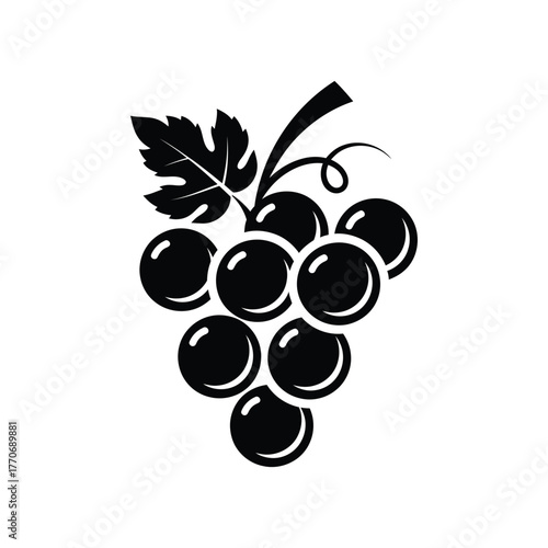 A single, bold black silhouette of a ripe grape cluster with a leaf and stem, rendered in a simple, modern graphic style, isolated on a clean white background