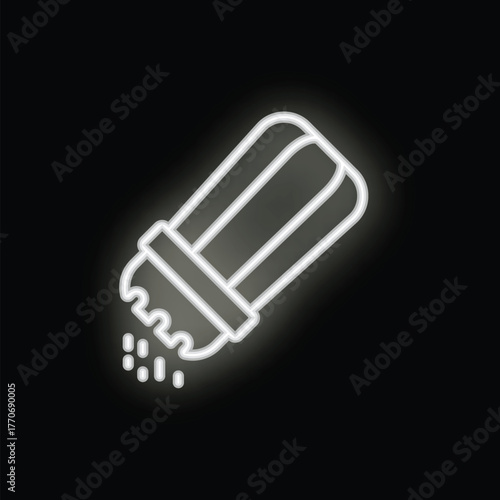 White glowing neon icon of a salt or pepper shaker pouring out seasoning on a black background