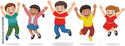 Cartoon children jumping with joy, colorful outfits, happy expressions, white background, energetic pose, celebration scene, playful mood, childhood fun